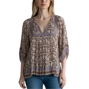 Rachel Zoe Brown and Cream Floral Peasant Blouse 100% soft viscose M